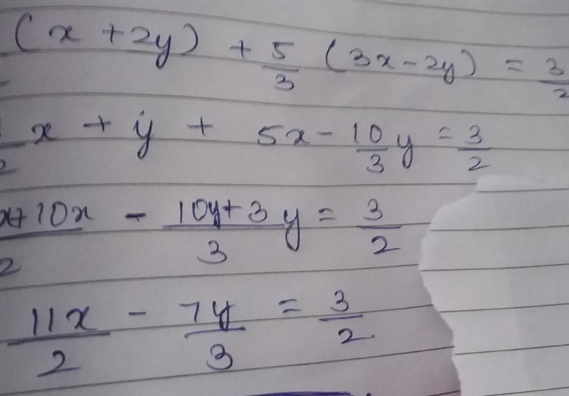 Solve the following system of equations 1/2(x+2y)+5/3(3x-2y)=3/2 ; 5/4(x+2y)-3/5(3x-example-1