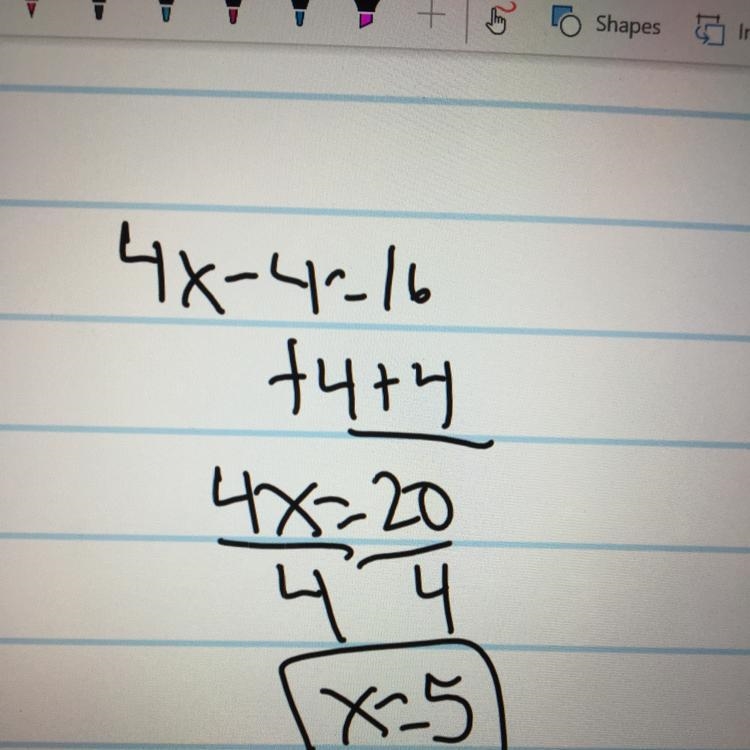 Which of the following is the solution to the equation 16 equals 4x - 4​-example-1