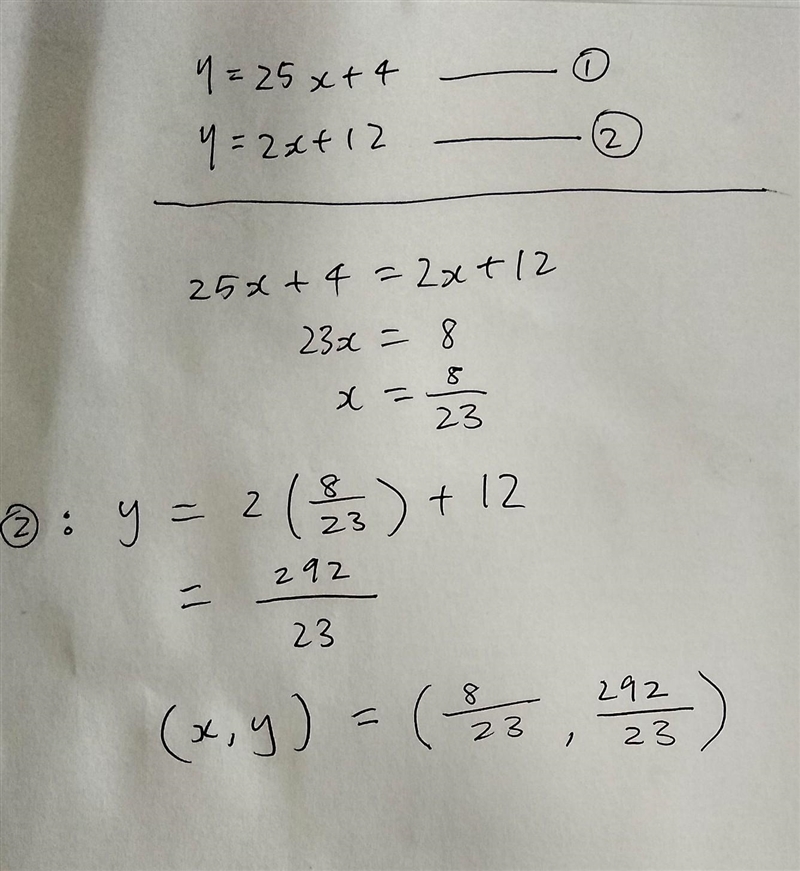 Graph the system of equations on graph paper to answer the question. {y=25x+4 {y=2x-example-2