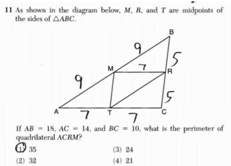 0 As shown in the diagram below, M, R, and T are midpoints of the sides of ABC. If-example-1