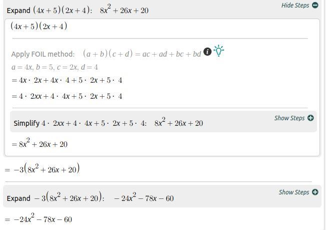 Simplify: −3(4x + 5)(2x + 4) A) 8x2 + 26x + 20 B) −24x2 + 78x + 60 C) −8x2 − 26x − 20 D-example-1