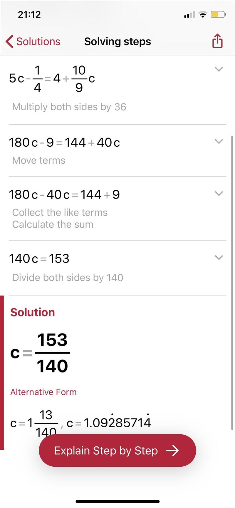 5c-1÷4=4+10c÷9 is there a solution or no solution and if there is I would like to-example-2