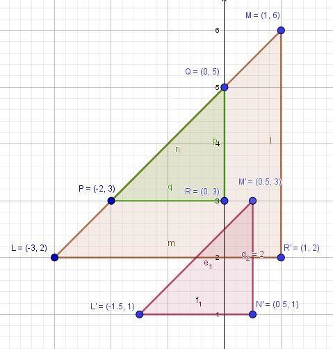 Coordinate plane with triangles LMN and PQR with L at negative 3 comma 2, M at 1 comma-example-2