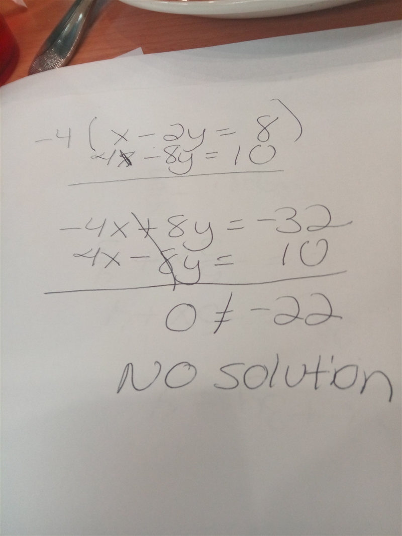 What is the solution to the system of equations? x-2y-8 4x-8y=10-example-1