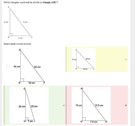 Which triangles could not be similar to triangle ABC ?-example-1