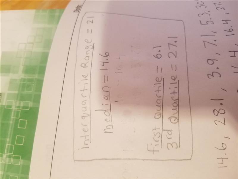 Find the median, first quartile, third quartile, interquartile range, and any outliers-example-1