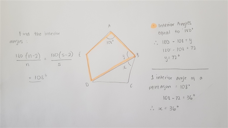 A regular pentagon is drawn ABCDE Work out the size of x-example-1