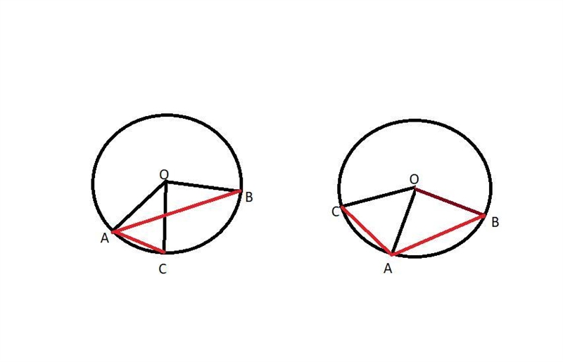 In the same circle, chord AB determines a 115° arc and chord AC determines a 43° arc-example-1