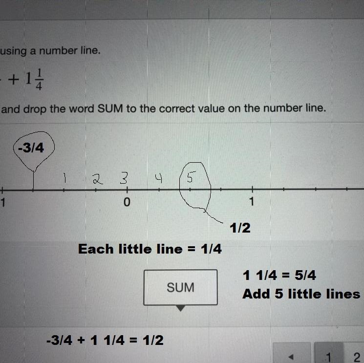 Add using a number line. - 3/4 + 1 1/4 drag and drop the word SUM to the correct value-example-1