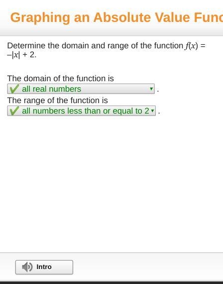 Determine the domain and range of the function f(x) = –|x| + 2.-example-1