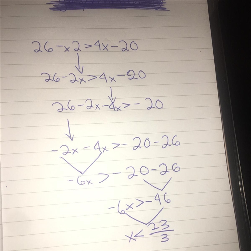 Which value of x makes the open sentence true? 26−x2>4x−20 8 7 6 5-example-1