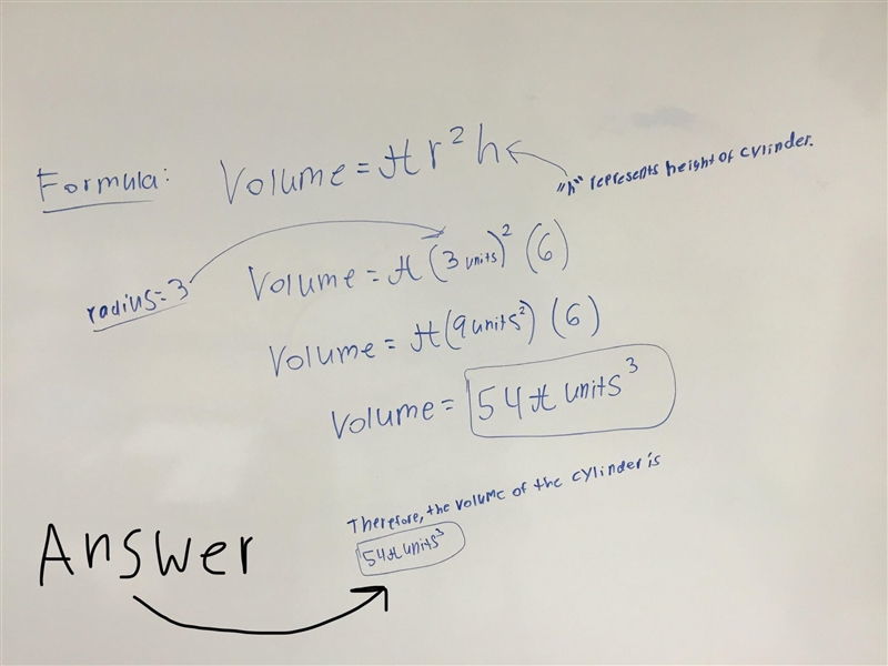 What is the volume of a cylinder with base radius 3 and height 6?-example-1