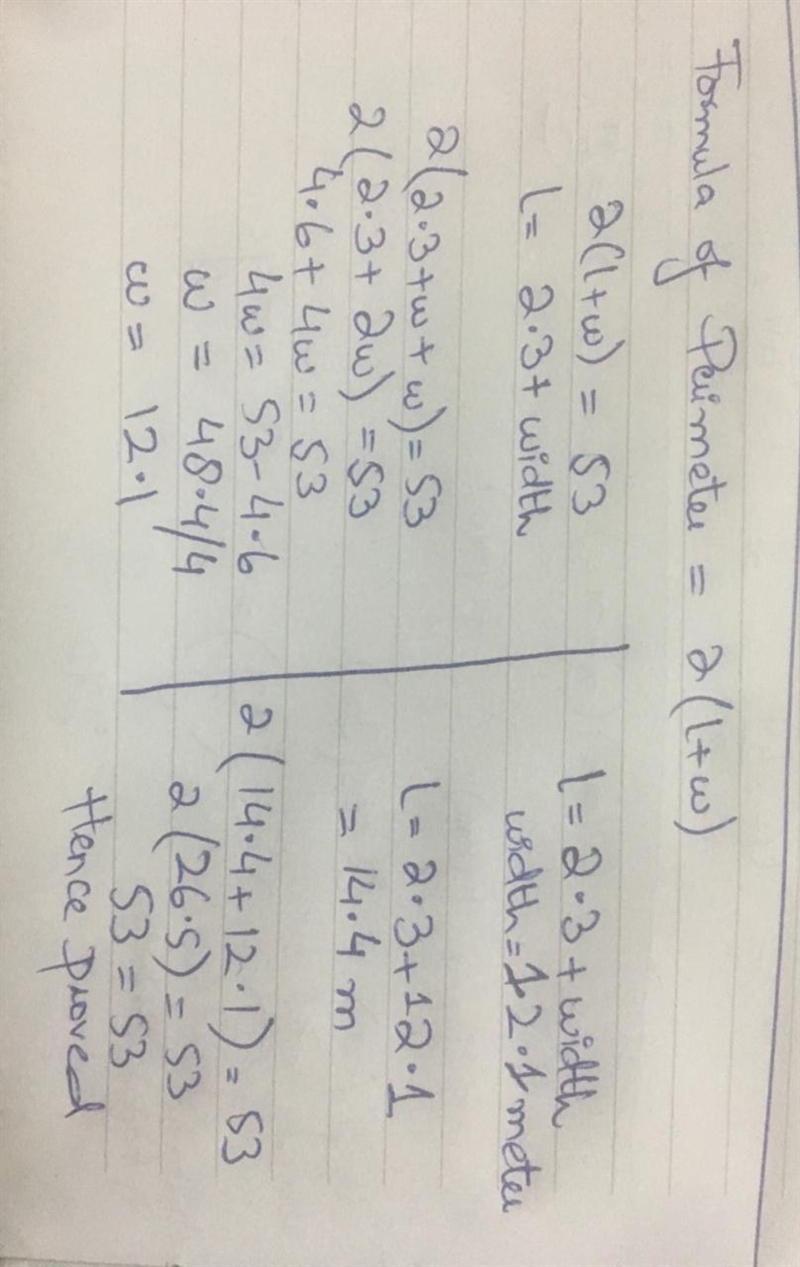 The perimeter of a rectangle is 53 meters. The length is 2.3 meters longer than the-example-1