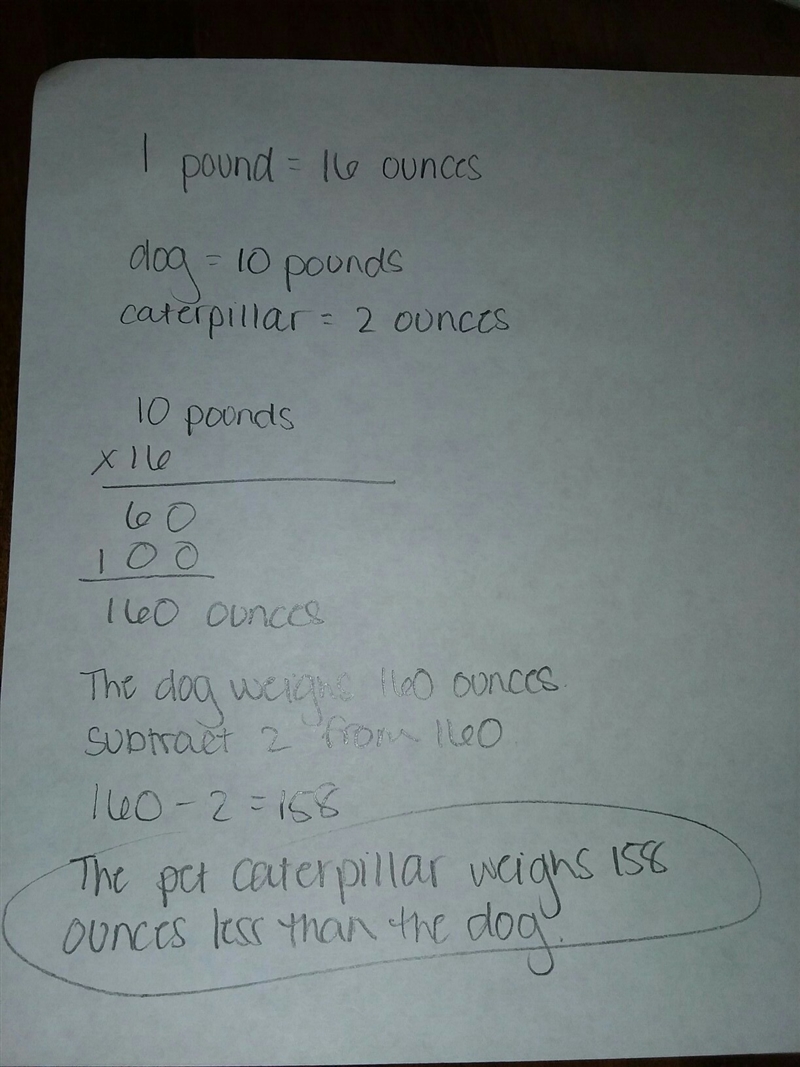 Sammy's pet dog weighs 10 pounds, and his pet caterpillar weighs 2 ounces. How many-example-1