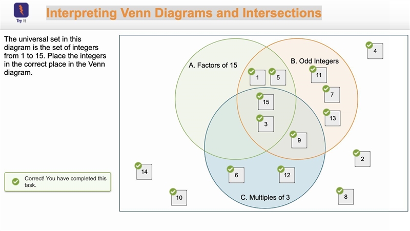 the universal set in this diagram is the set of integers from 1 to 15 place integers-example-1