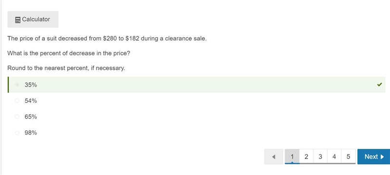 The price of a suit decreased from 280 to 182 during a clearance sale. What is the-example-1