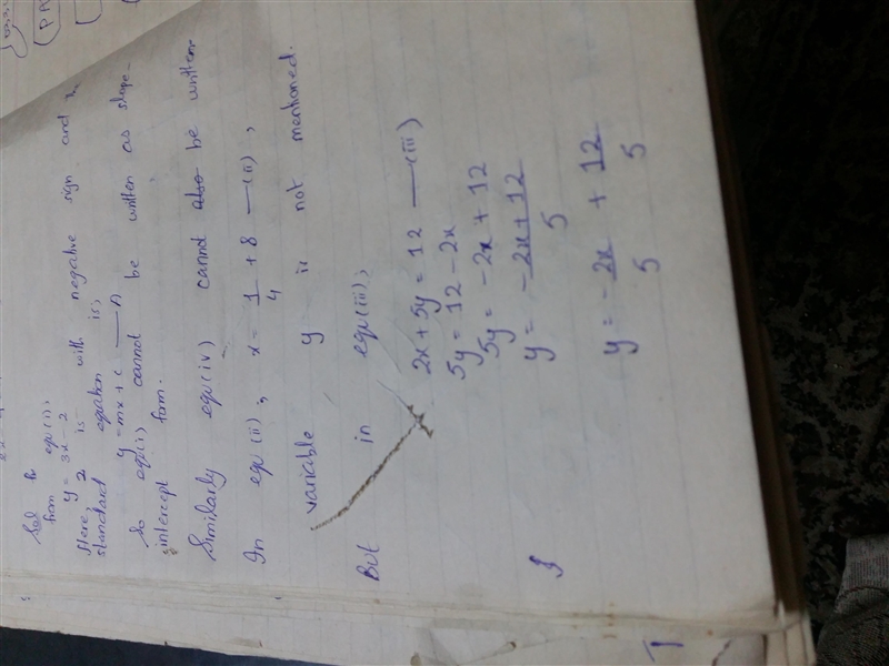 VX Which equation is written in slope-intercept form? y = 3x-2 x= 1/4 + 8 2x+5y = 12 3y-example-1