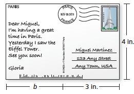 The area of the postcard is 24 square inches. What is the width b of the message (in-example-1