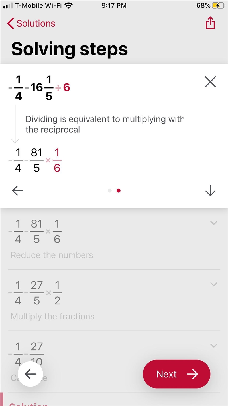 What is the answer to negative 1/4-16 1/5 divided by 6???-example-1