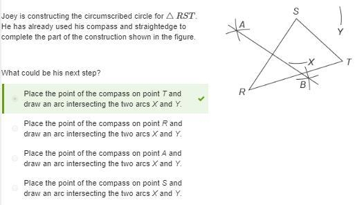 Joey is constructing the circumscribed circle for △RST . He has already used his compass-example-1