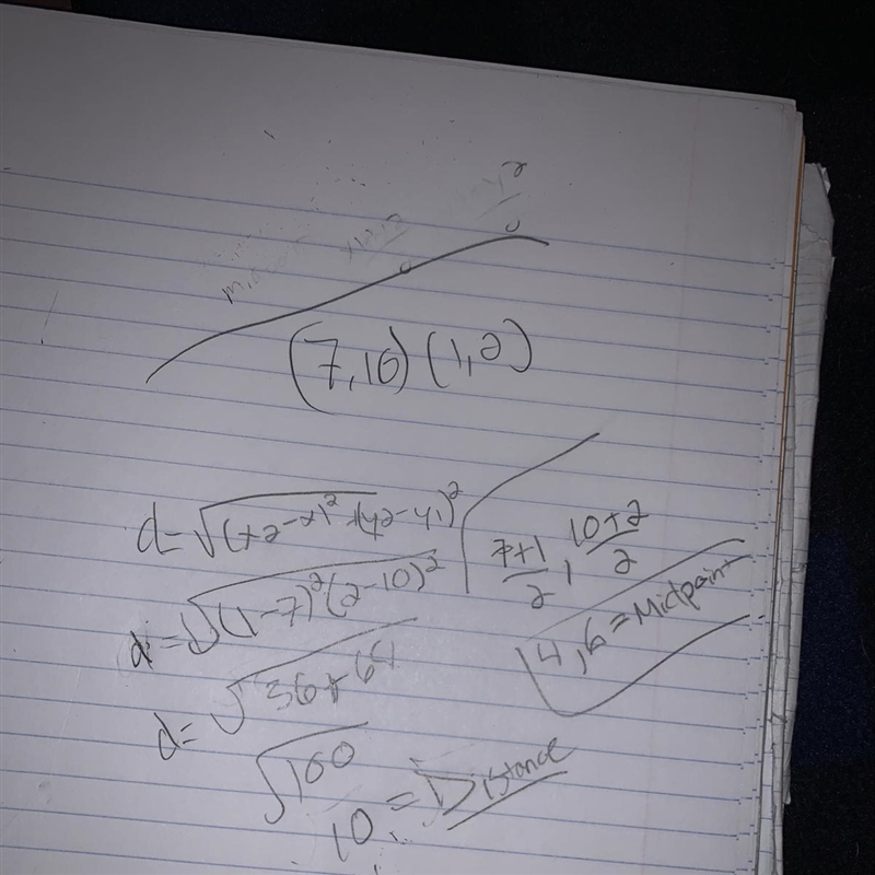 Find the distance and midpoint for the points (7, 10) and (1, 2).-example-1