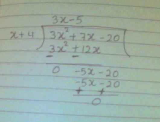 Solve using long division. (3x^2+7x-20) / (x+4) please show work on paper pls, it-example-1