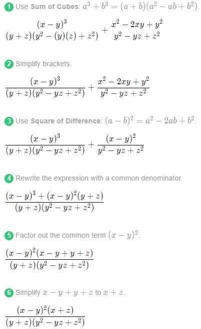 Perform the indicated operation (x-y)^3/y^3+z^3 + x^2-2xy+y^2/y^2-yz+z^2-example-1