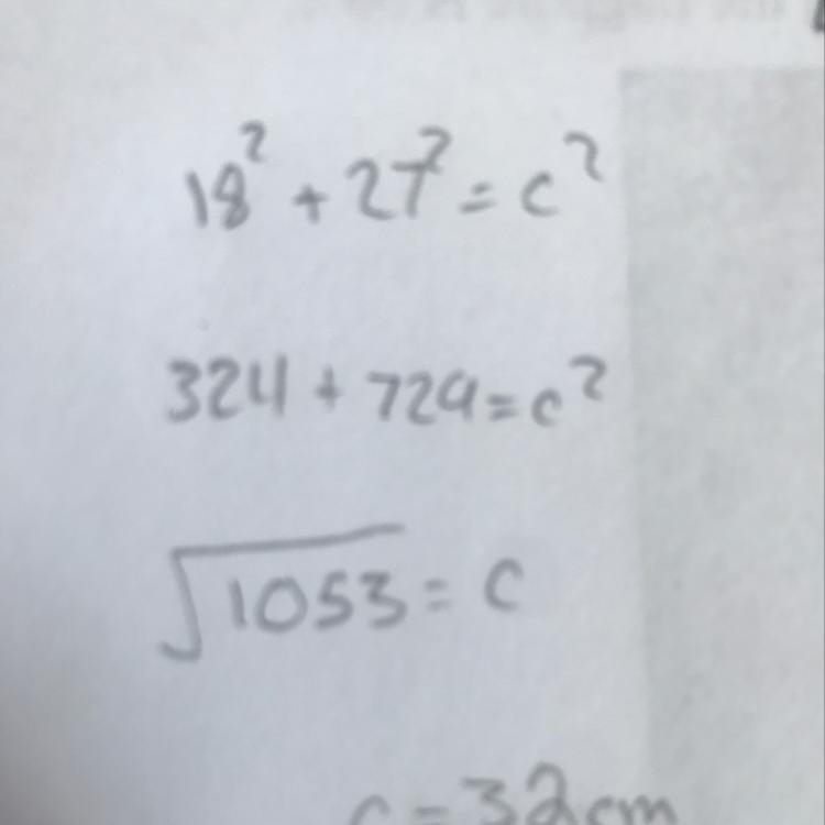 A right triangle has legs that are 18 centimeters and 27 centimeters long. What is-example-1