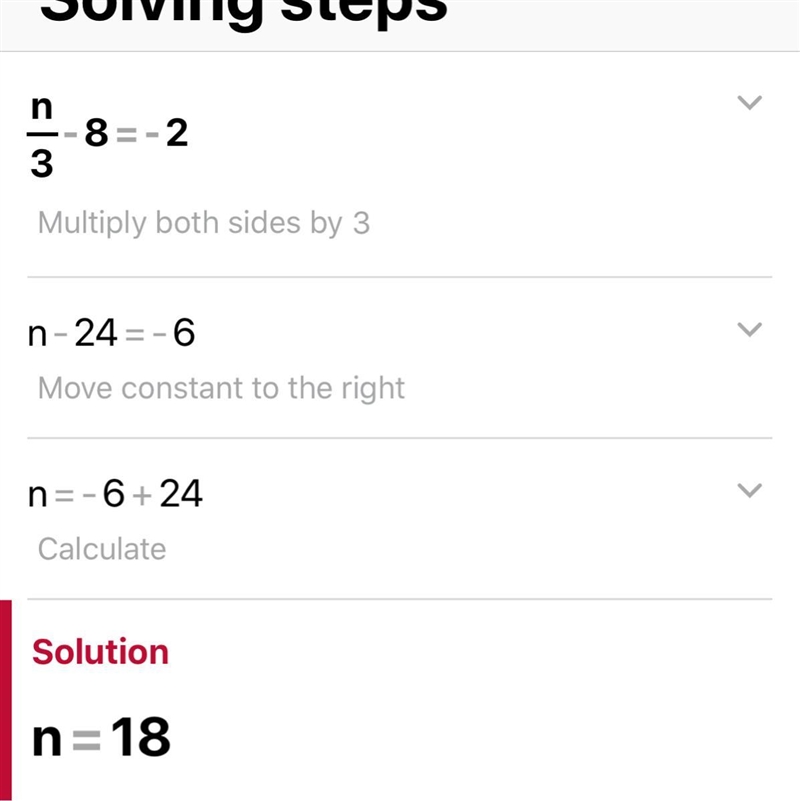 How do you solve n/3 - 8 = -2-example-1