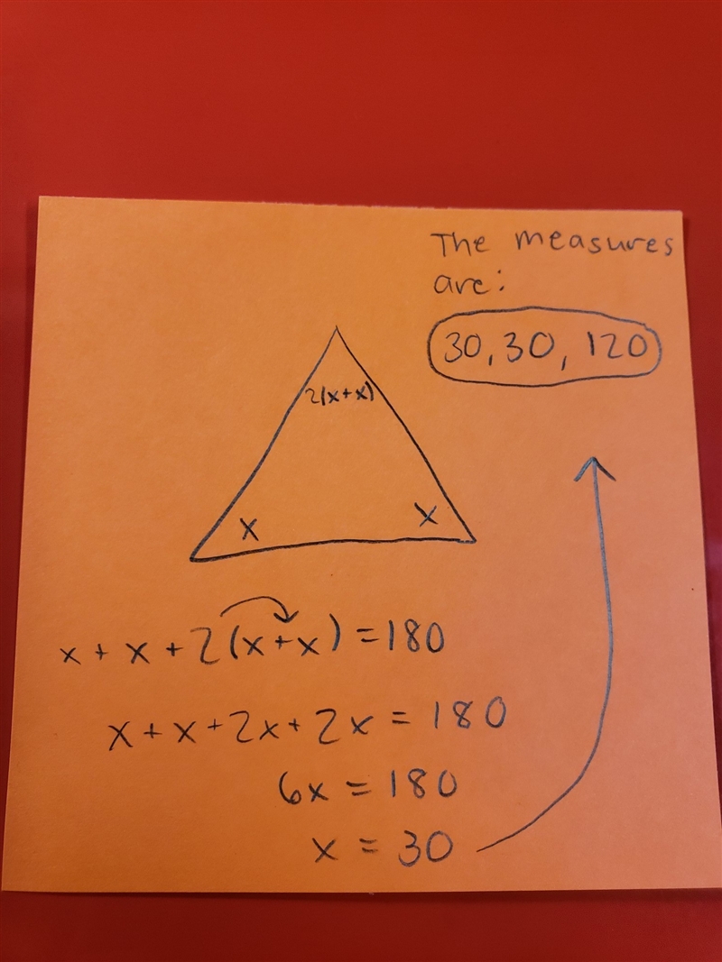 the measure of two angles in a triangle are equal. the third angle measures 2 times-example-1