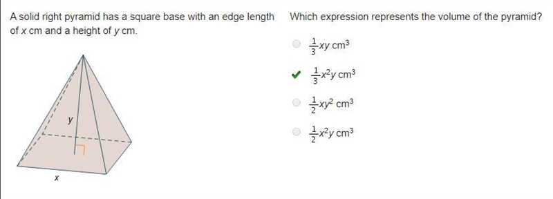 A solid right pyramid has a square base with an edge length of x cm and a height of-example-1