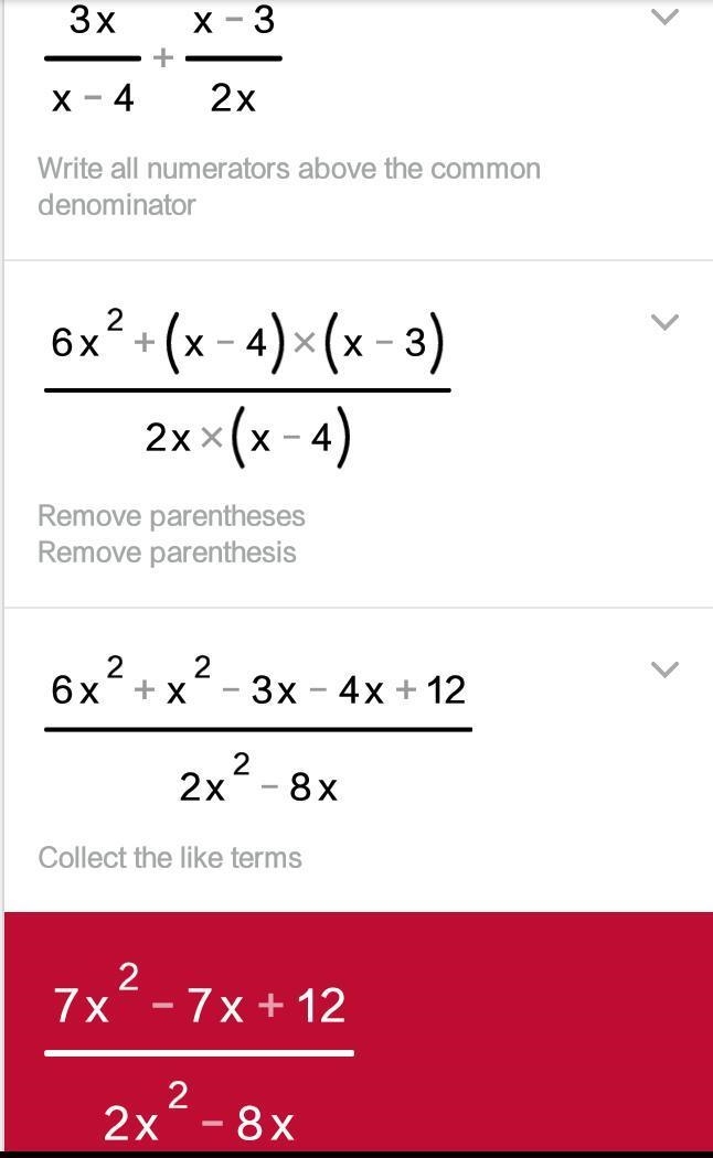 What is the sum? 3x/x-4 + x-3/2x-example-1