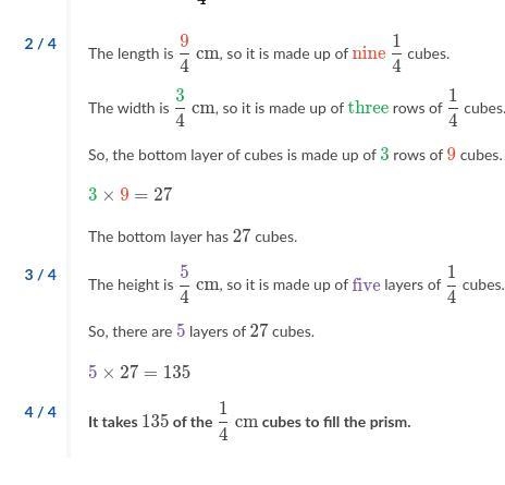 EMERGENCY! How many cubes with side lengths of 1/4 cm does it take to fill the prism-example-2