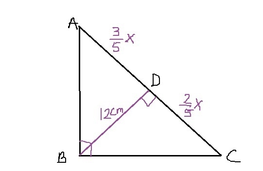 If a 12 cm altitude to the hypotenuse of a right triangle divides the hypotenuse into-example-1