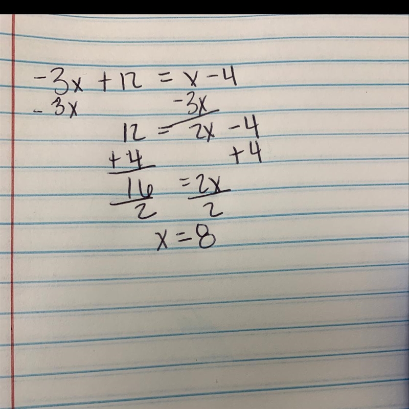 Solve -3x + 12 = x – 4 Show your work-example-1