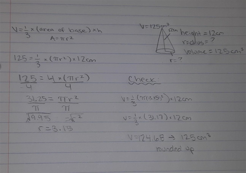 Determine the radius of the cone, if the volume of the cone is 125cm and the height-example-1