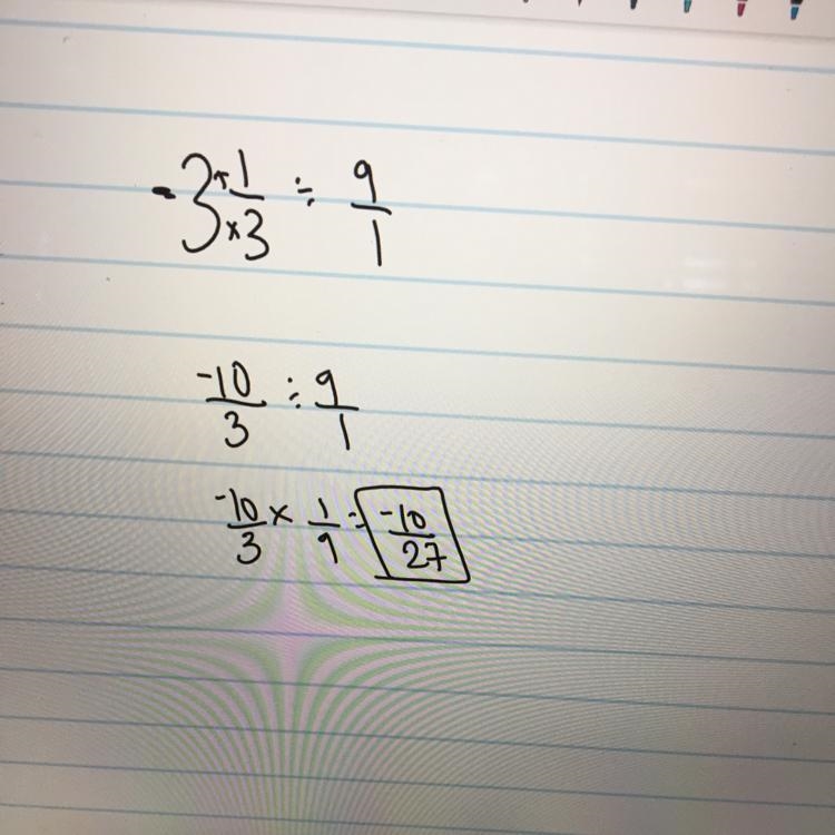 Divide. −3 1/3 ÷ 9=? 1.−10/27 2.−1/9 3.1/9 4.10/27-example-1