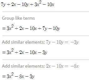 Simplify the following expression 7 y + 2x - 10 y + 3 x^2 -10x​-example-1