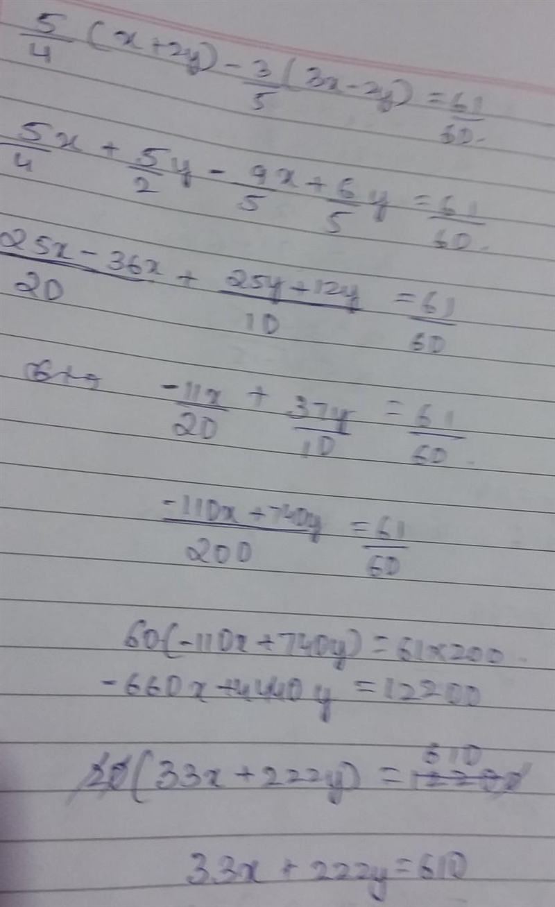 Solve the following system of equations 1/2(x+2y)+5/3(3x-2y)=3/2 ; 5/4(x+2y)-3/5(3x-example-2