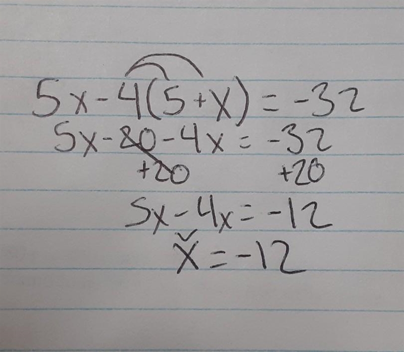 6. What is the solution of the equation 5x - 4(5 + x) = -32?​-example-1