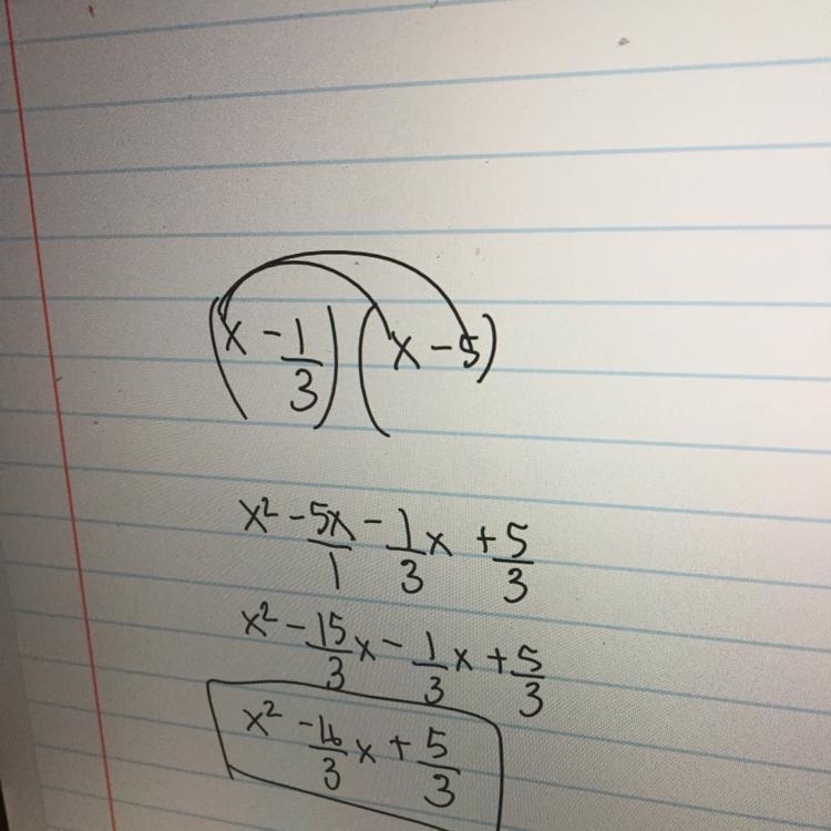 How do we find the quadratic equation in standard form with the given roots of -1/3, 5?-example-1