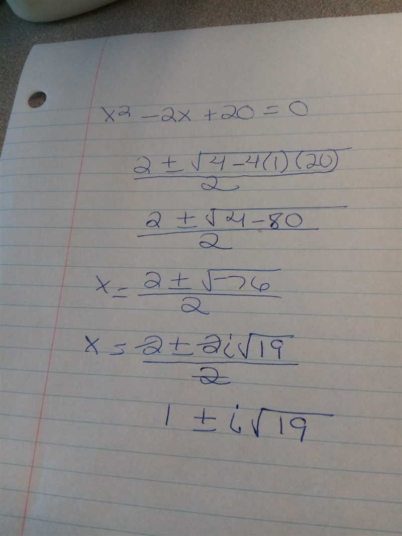 Using the quadratic formula to solve x2+20=2x, what are the values of x​-example-1