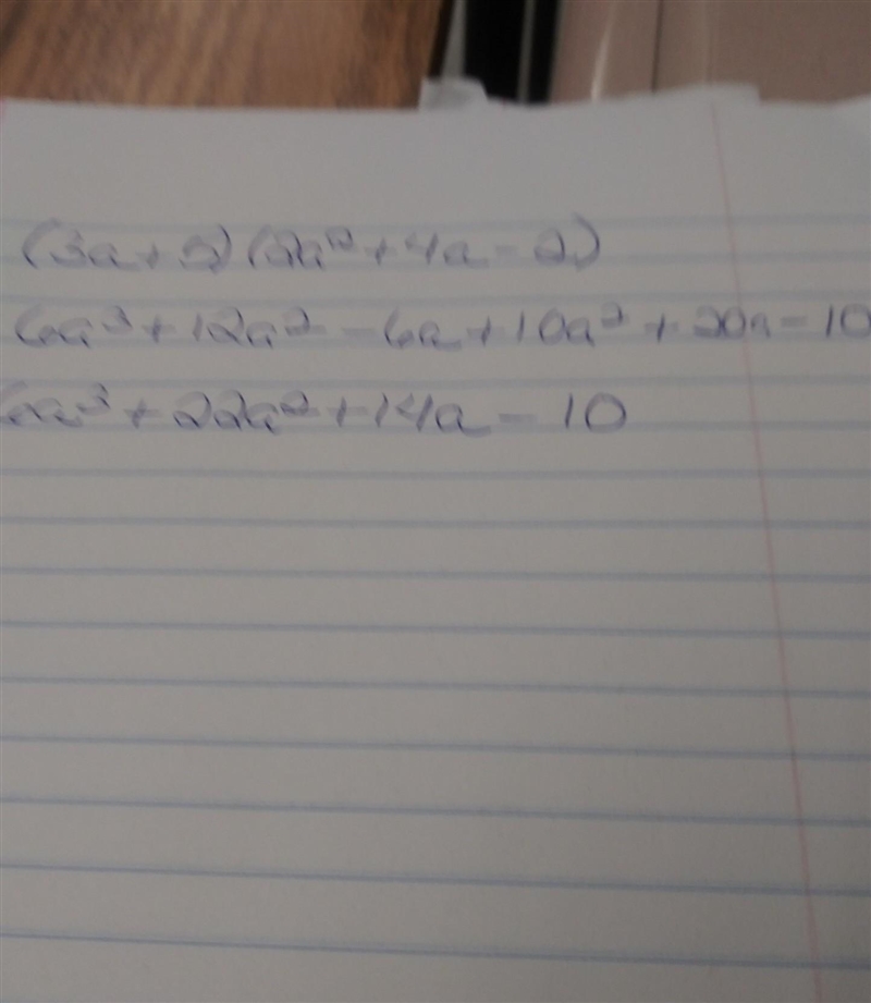 What is the product of 3a + 5 and 2a2 + 4a – 2?-example-1