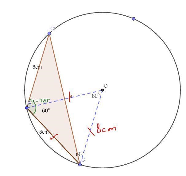 The measure of a vertex angle of an isosceles triangle is 120° and the length of a-example-1