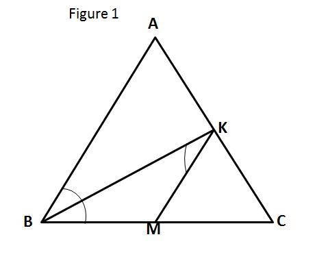 A line segment BK is an angle bisector of ΔABC. A line KM intersects side BC such-example-1