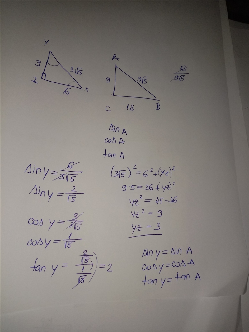 If ∆XYZ ~ ∆BAC find sin A, cos A and tan A Please explain!-example-1