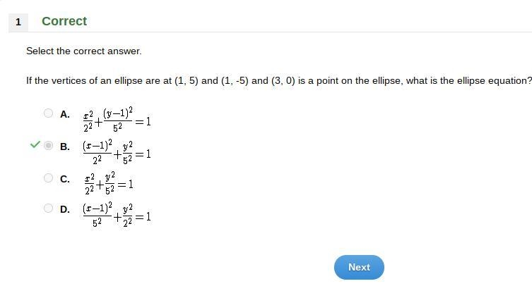 2 Select the correct answer. If the vertices of an ellipse are at (1, 5) and (1, -5) and-example-1