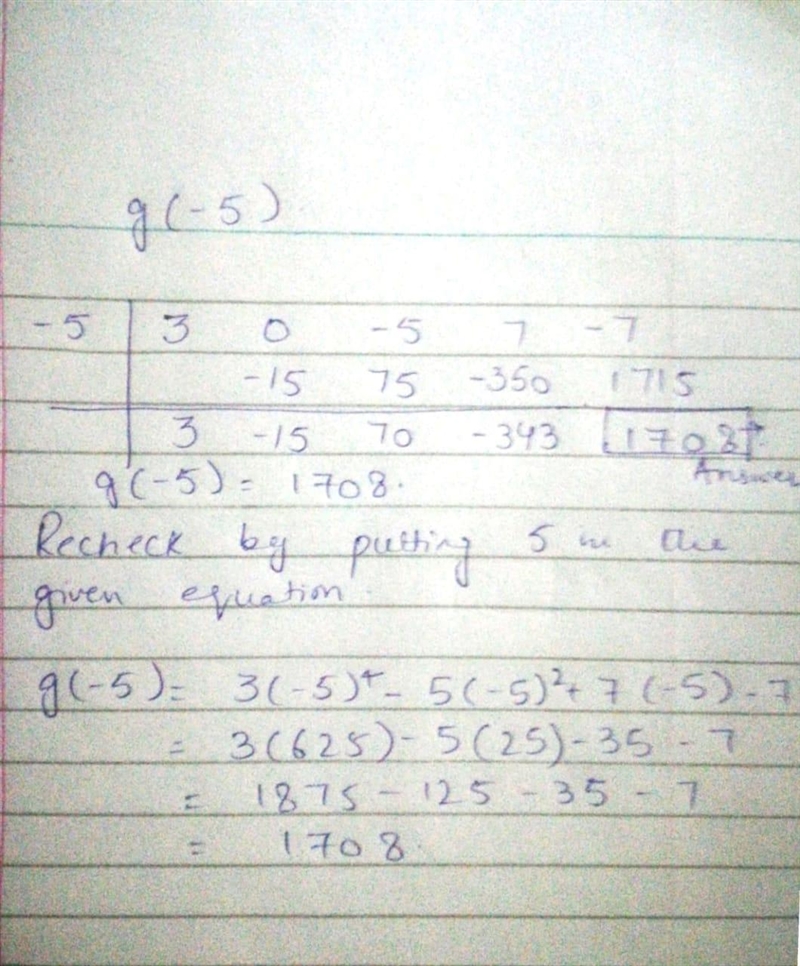 Use synthetic substitution to find g(4) and g(–5) for the function g(x) = 3x4 – 5x-example-2