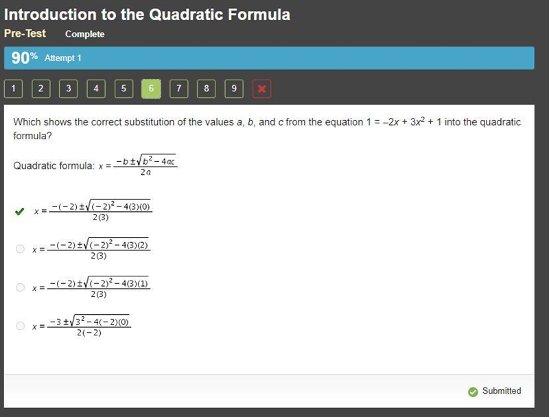 Which shows the correct substitution of values A, B, and C from the equation 1=-2x-example-1