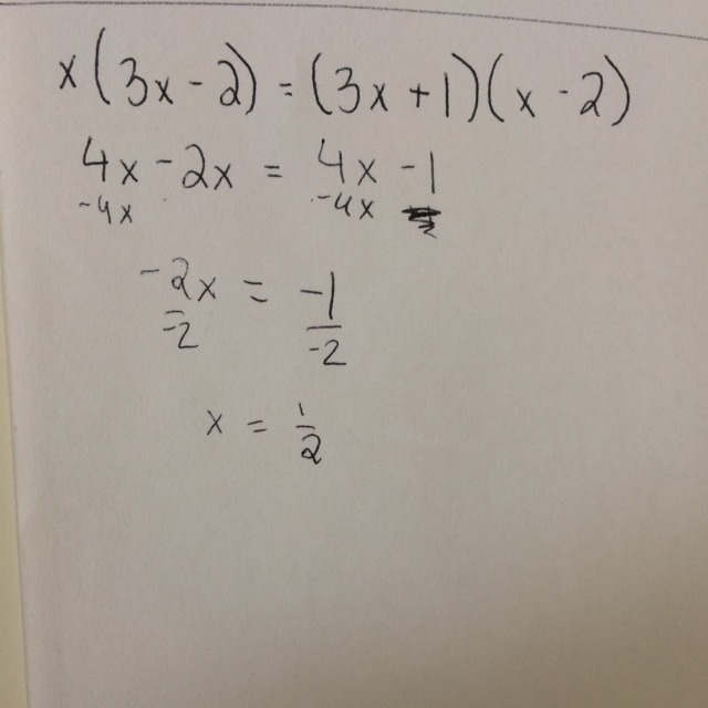 How do I solve x(3x-2)=(3x+1)(x-2)?-example-1